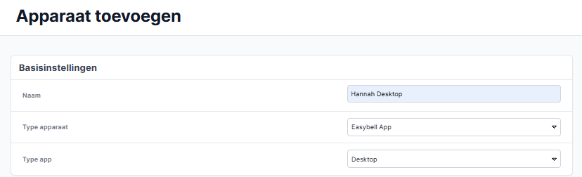 Basisinstellingen voor het toevoegen van een apparaat met naam, type en app-categorie in het Easybell-klantenportaal