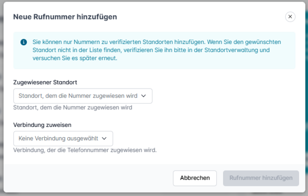Easybell-Oberfläche zum Hinzufügen einer neuen Rufnummer mit Auswahl für Standort und Verbindung