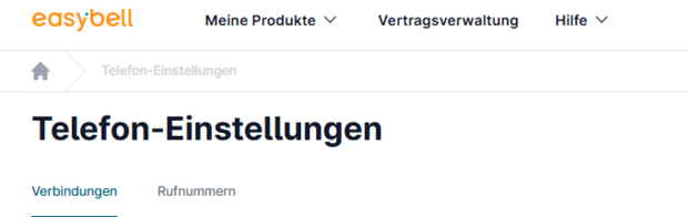 Easybell-Kundenportal mit geöffneter Seite für Telefon-Einstellungen und Tabs für Verbindungen und Rufnummern