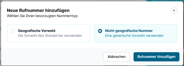 Easybell-Oberfläche zur Auswahl zwischen geografischer Vorwahl und nicht-geografischer Rufnummer beim Hinzufügen einer neuen Nummer