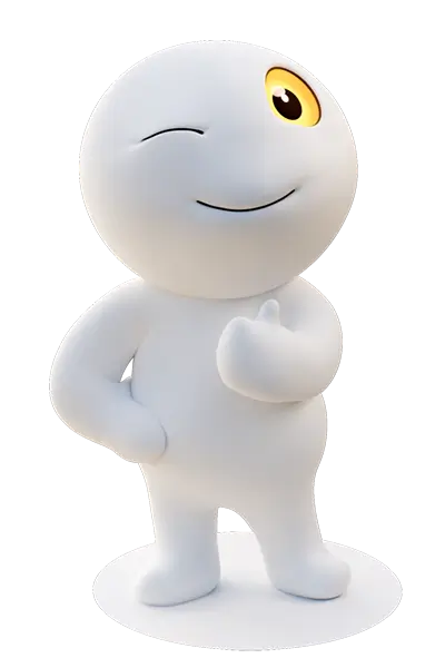 3-D-Figur Ping in Weiß mit gelbem Auge, Daumen-hoch-Geste und Standfuß